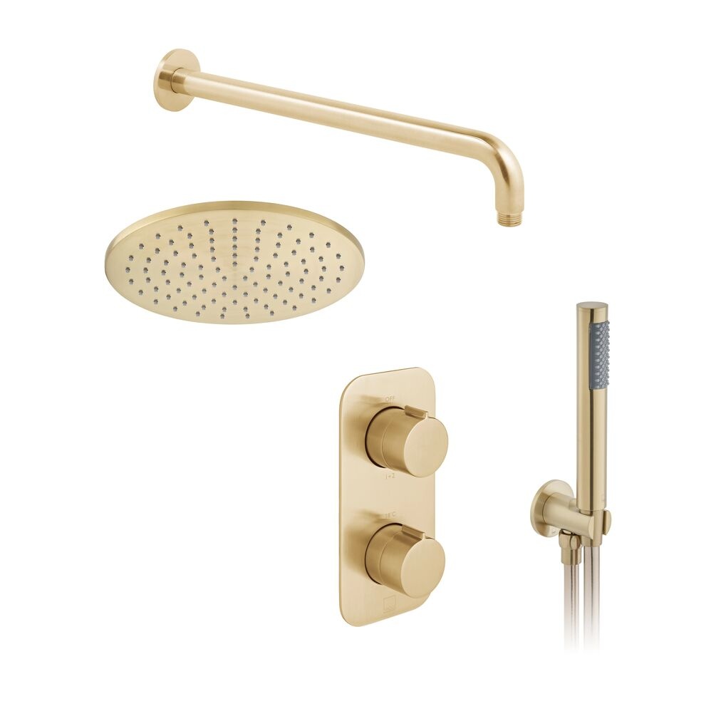 Cutout image of Vado Individual Brushed Gold Round Dual Outlet Shower Pack